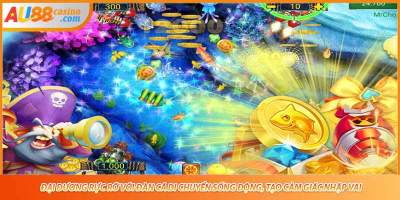 Đại dương rực rỡ với đàn cá di chuyển sống động, tạo cảm giác nhập vai.